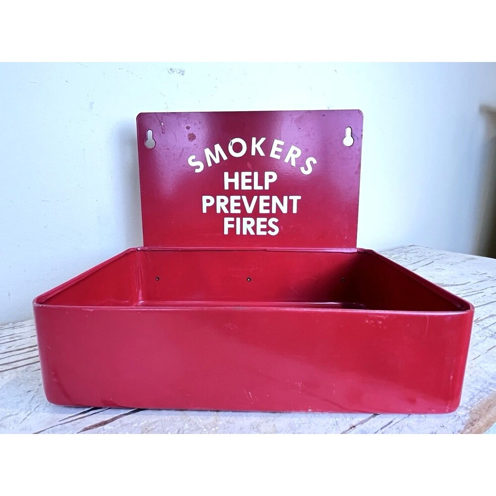 Vintage 1960 Fire Safety Red Sign With Sandbox Ashtray Wall Hanging industrial